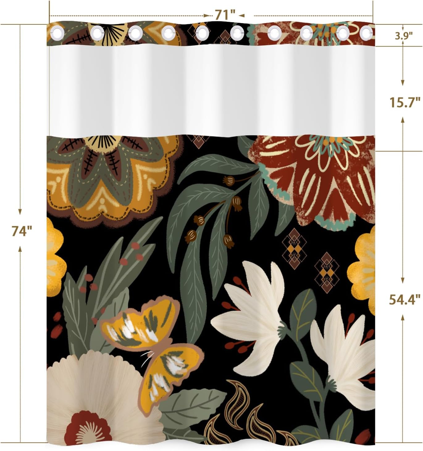 No Hook Boho Shower Curtain with Snap in Liner - Butterfly and Floral Design, Waterproof Fabric Breathable Mesh Top Bath Tub Curtain for Modren Bathroom, Hotel Decor, 71x74inch
