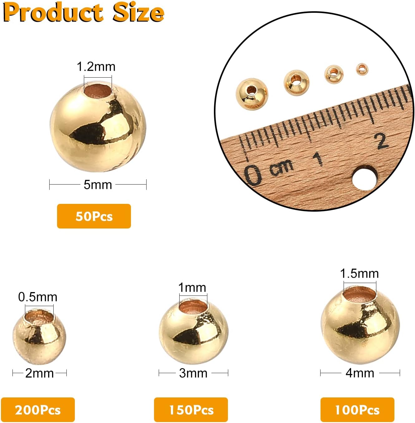 Stiesy 500 Pcs 18K Gold Plated Round Beads 2mm 3mm 4mm 5mm Seamless Smooth Brass Loose Ball Beads Bulk for Stackable Bracelet Jewelry Craft Making image 2