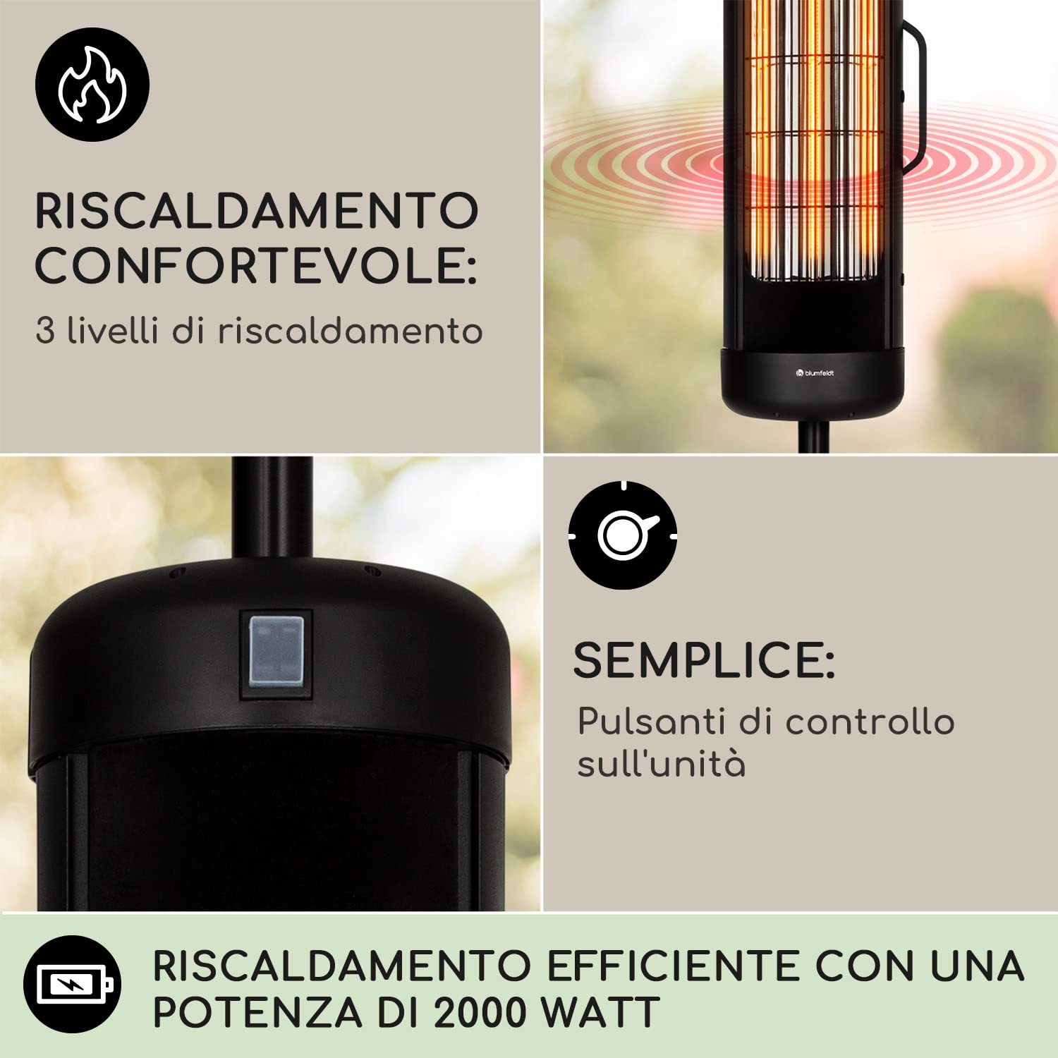 blumfeldt Heat Guru - Stufa infrarossi, terrazza, riscaldatore da esterno con protezione IP54, lampada infrarossi riscaldante con basamento e telecomando, 2000 W