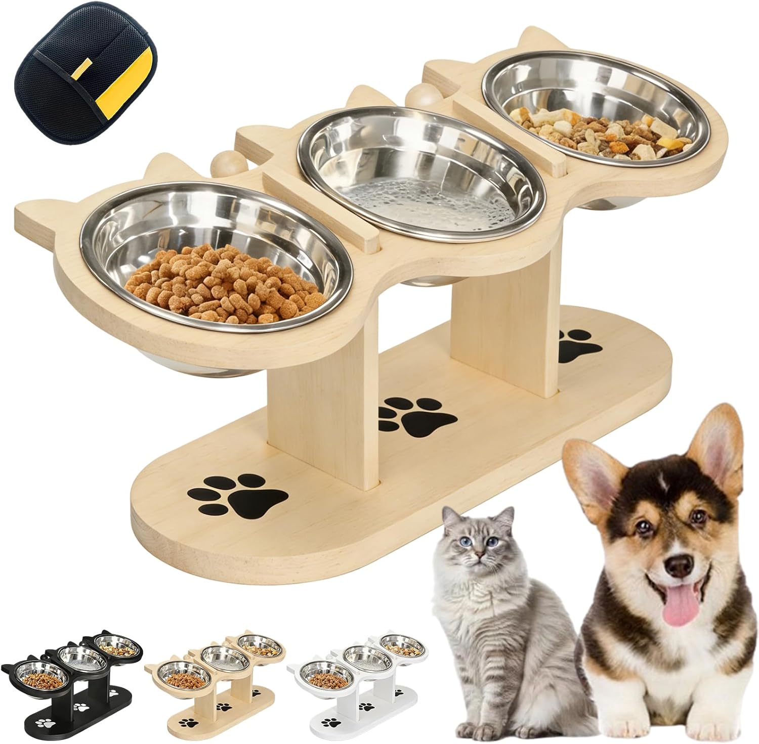 Non-Slip Elevated Pet Feeder with 3 Bowls, 2026 New Cat Feeding Station with 3 Stainless Steel Bowls, 15°Tilted Raised Pet Food Bowls with Stand for Dogs and Cats (White)
