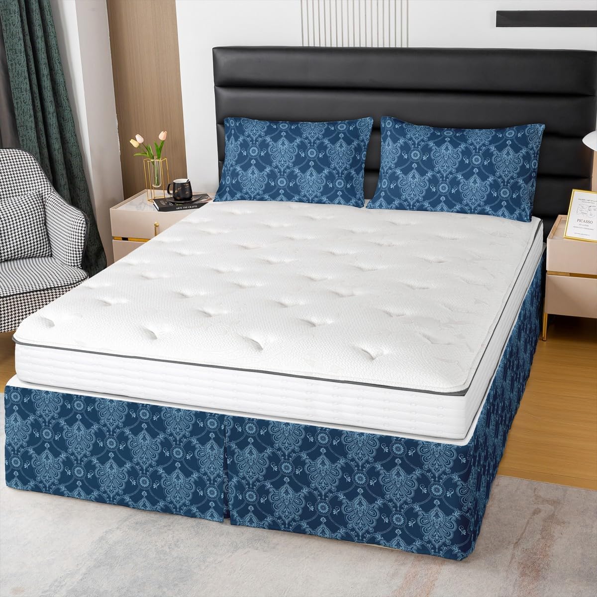 Damask King Size Bed Skirt,Black Grey Soft Quadruple Pleated Ruffle Bedskirt for Kids Boys Girls Teens Bedroom,Damask Pattern Fitted Sheet Floral Printed with 15 Inch Bed Skirts Bedding Decor