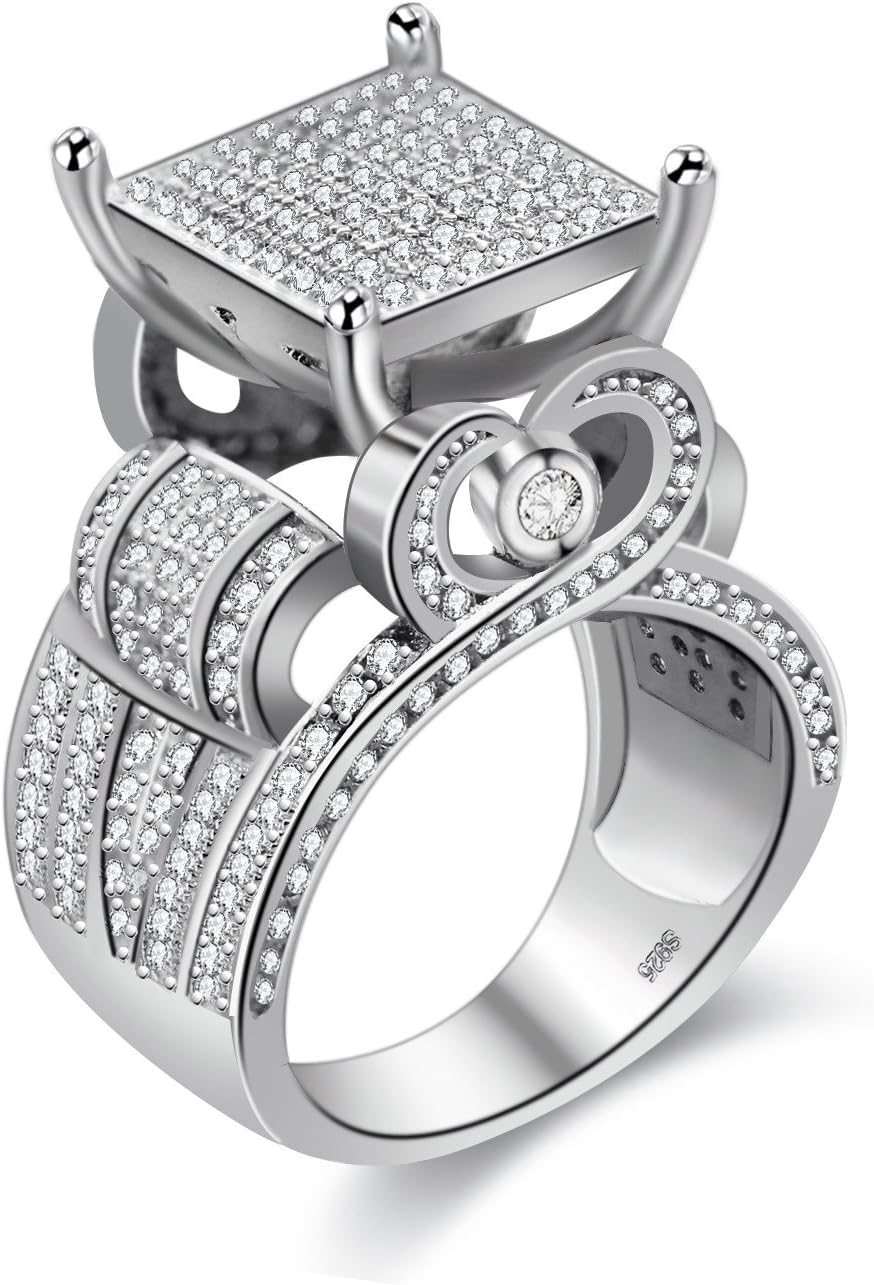 Uloveido Women’s 0.4″ Wide Square Cluster Engagement Heart Architecture Ring, Cocktail Bling Ring for Her RA0221