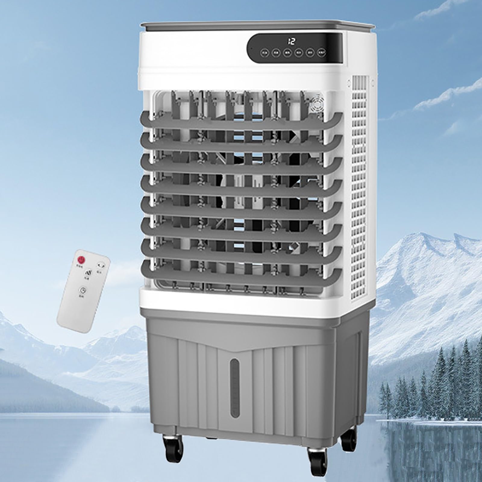 Ventilador enfriador de aire de 30 L contra el calor en oficinas y terrazas abiertas.