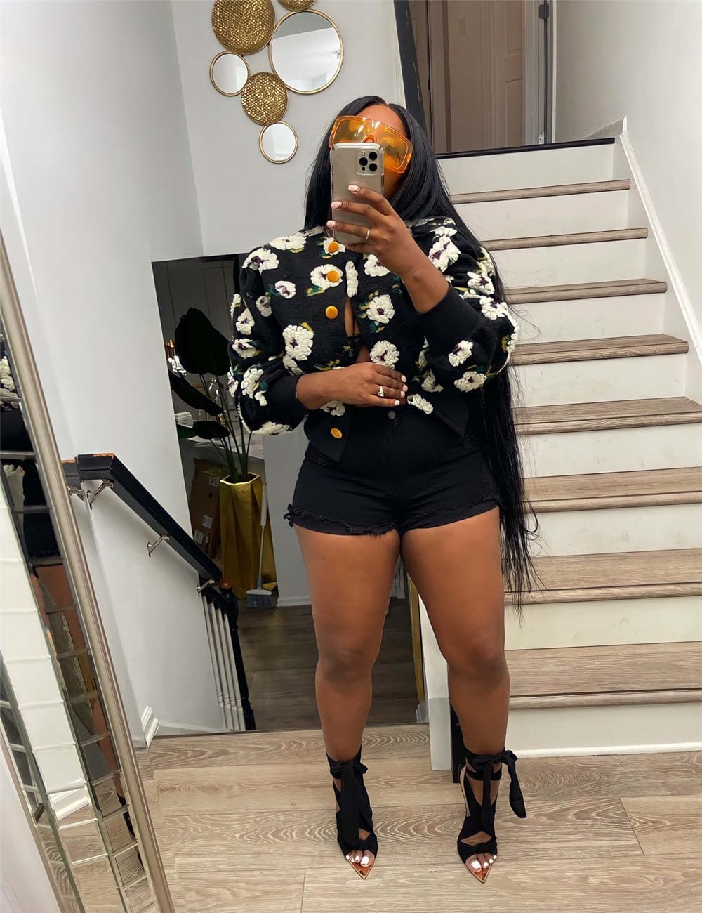 Women's 3D Flower Cropped Bomber Jacket Button Down Varsity Jackets - Image 3