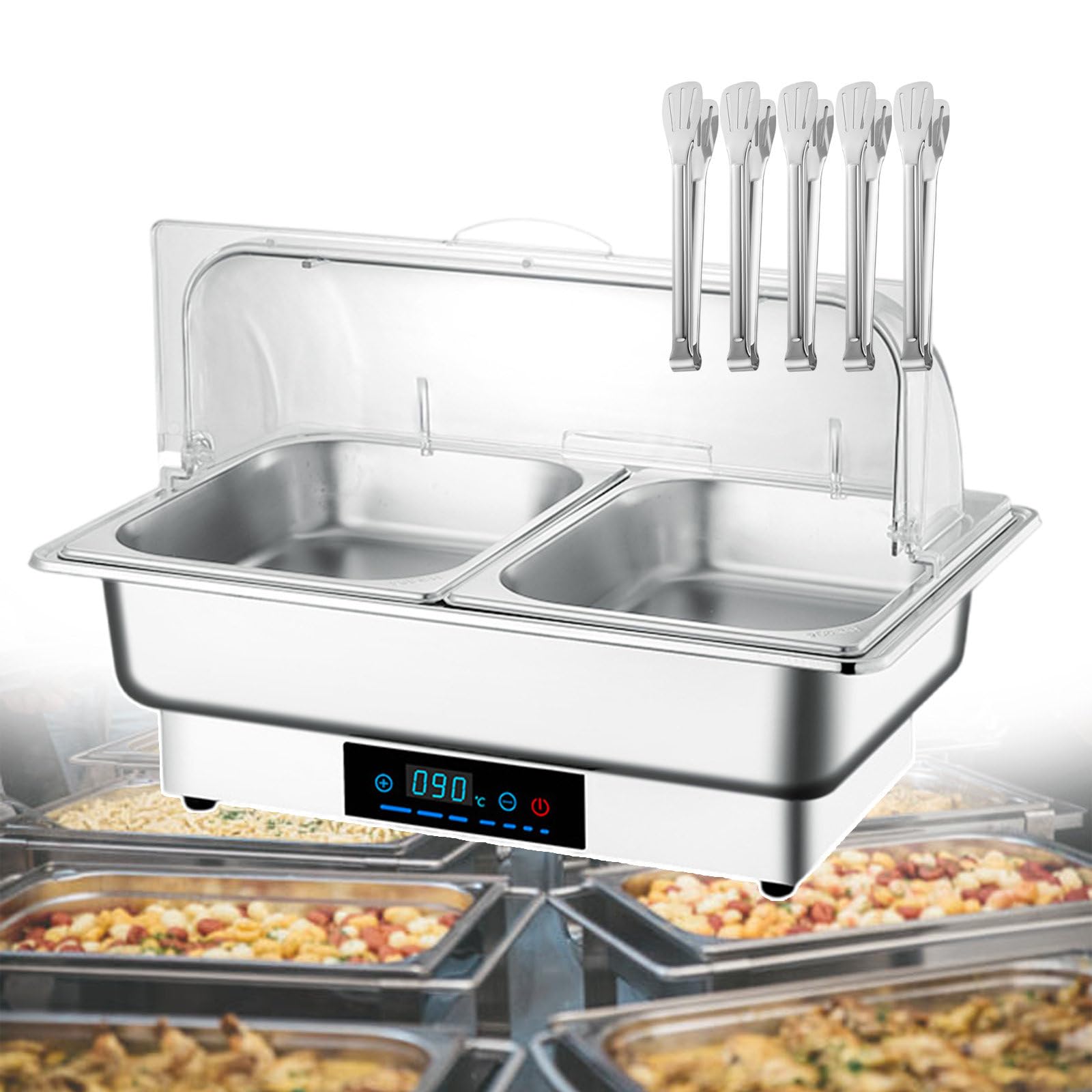 Scaldavivande Elettrico da 600W, Set da Buffet con Controllo Digitale, con Coperchio Trasparente per Mantenere I Piatti Caldi, Pentole da Cucina in Acciaio Inox, Facili da Pulire,2-Grid