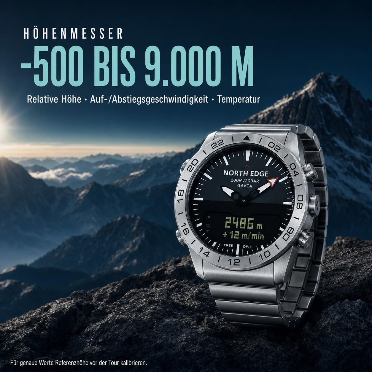 NORTH EDGE MARS3 Herren Digitaluhr Robuste Outdooruhr mit Schrittzähler Sportuhren Dual Time Wecker Wasserdicht 50m Schwarz