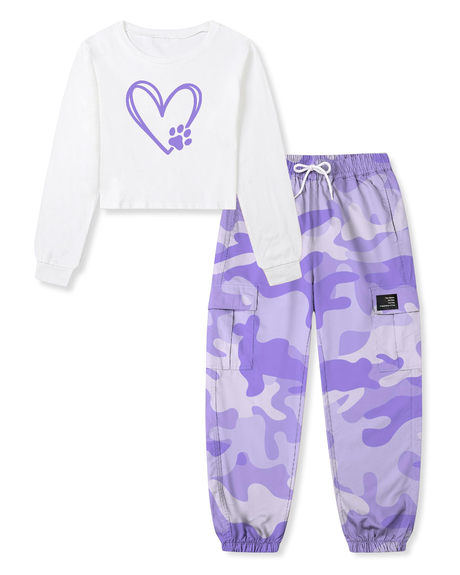 Betusline Girls Fall Winter Clothing Sets, Long Sleeve Crop Top &amp; Cargo Jogger Pants 2 Piece Outfit Sets,4T-14Y