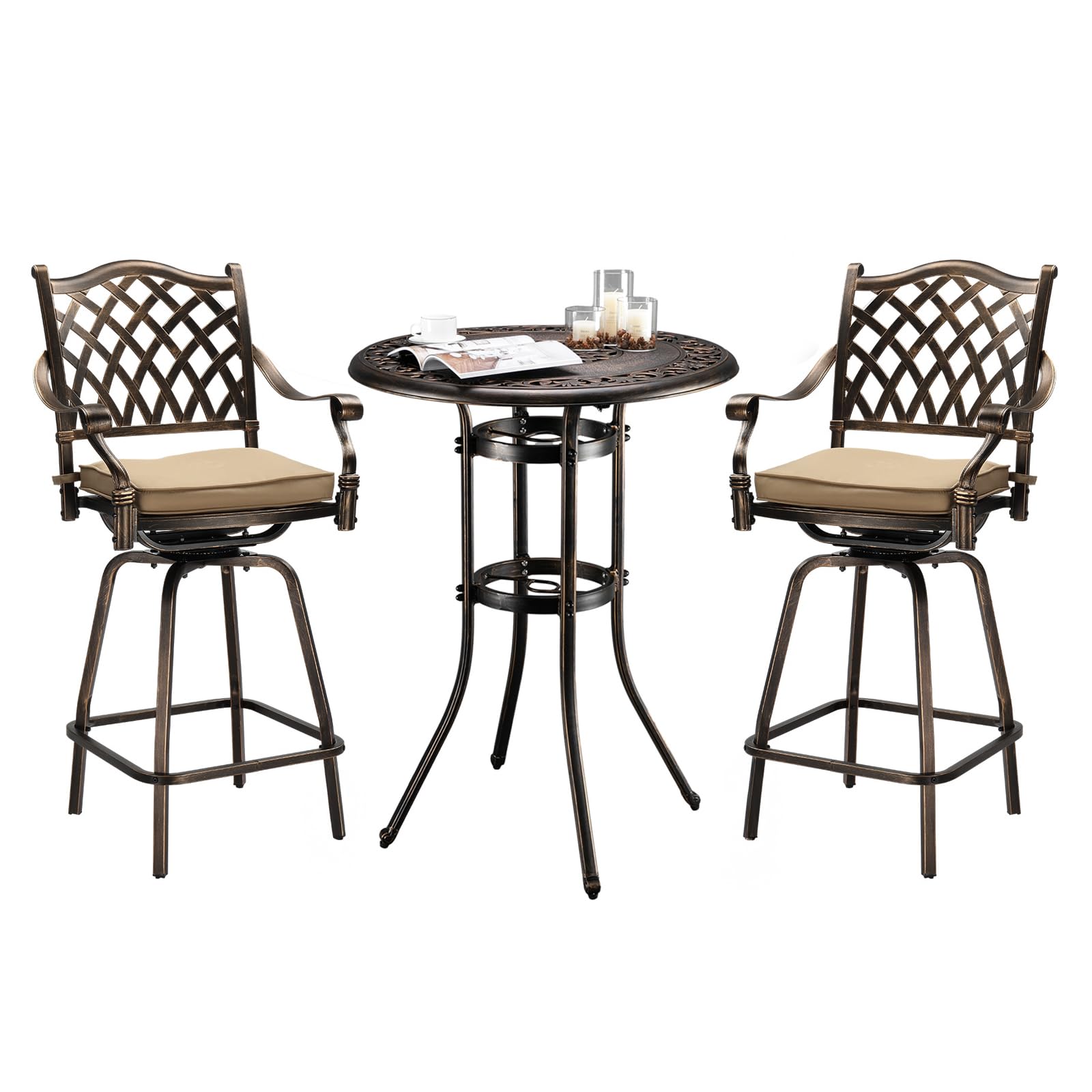 VINGLI 3 Piece Outdoor Patio Bar Set, Cast Aluminum Outdoor Swivel Bar Stools and Table w/Umberlla Hole, All-Weather Outdoor Bar Table and Chairs High