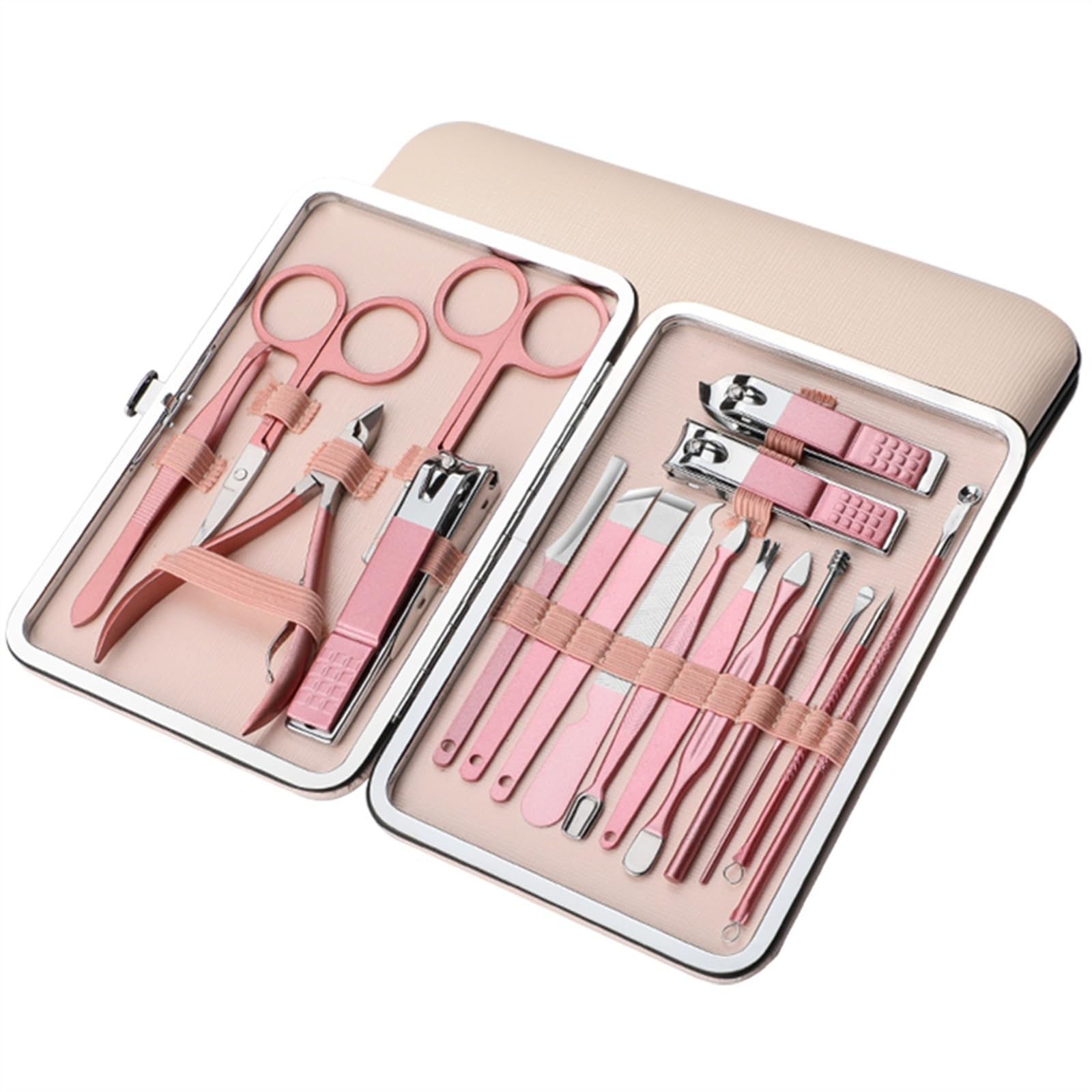Kit de manicura de Viaje con Estuche Rosa, cortauñas Profesional 18 en 1, Kit de Cuidado y Aseo para pedicura de Acero Inoxidable con Estuche a Prueba de Salpicaduras.