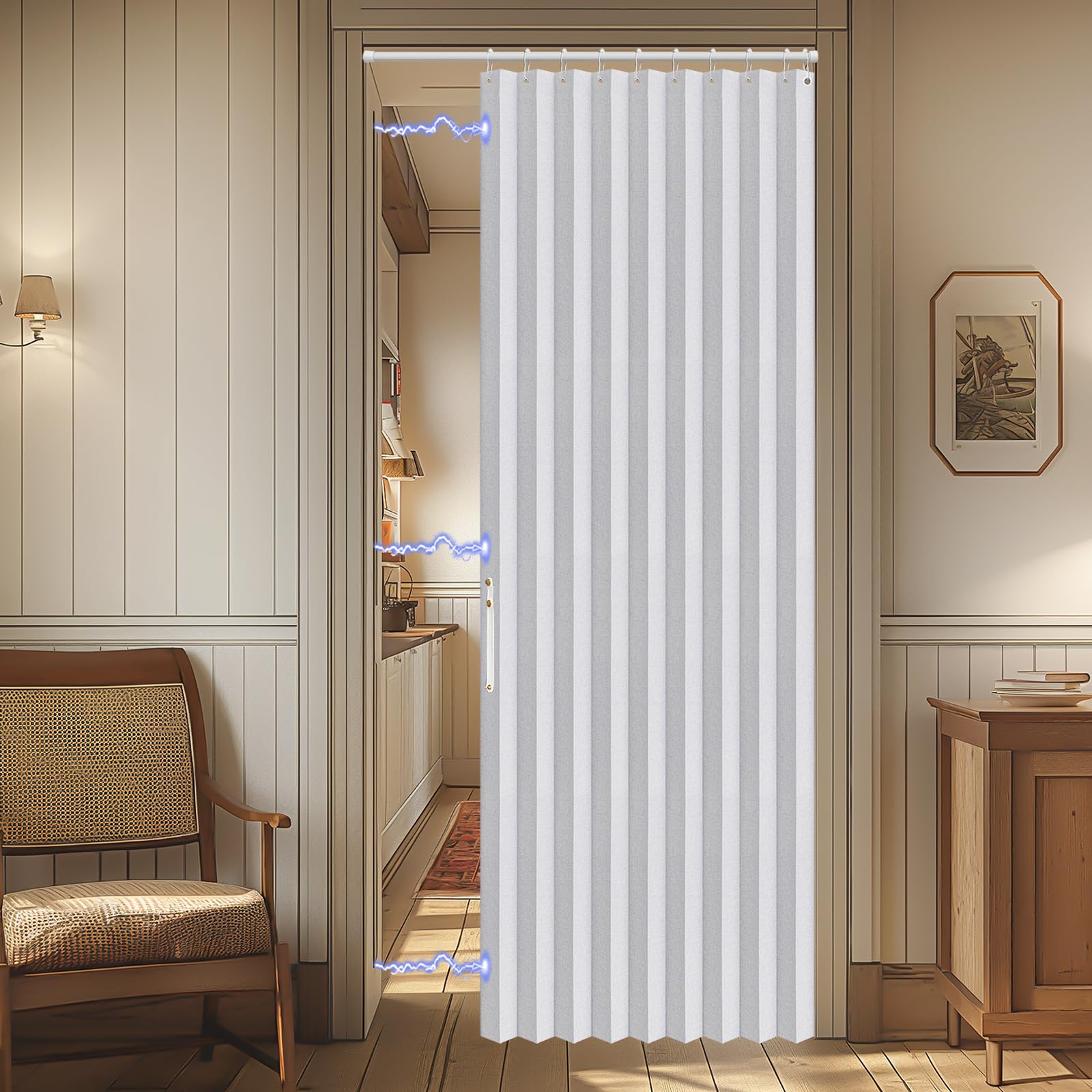 AJAZZ 100% Blackout Magnetic Door Curtain - Pleated Folding Accordion Closet Door Curtain - Invisible, Applicable for Bedroom & Living Room Doorway (White, 42" W x 78" L, 1 Panel)