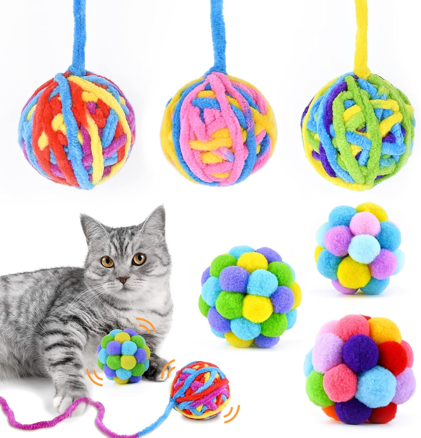 6 Pcs Cat Ball Toys with Bell, Woolen Yarn Cat Toy Balls with Rustle Sound, Cat Pompom Fuzzy Balls Colorful Interactive Toys for Indoor Cats and Kittens