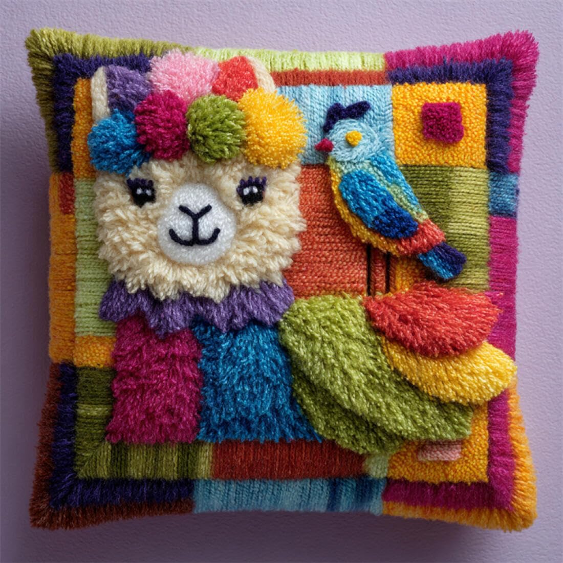 Kitquiver Animal DIY Latch Hook Kit Colorful Alpacas Crochet Needlework Crafts with Latch Hook Tool for Adults DIY Handmade Home Cushion Kits Decor 17x17In