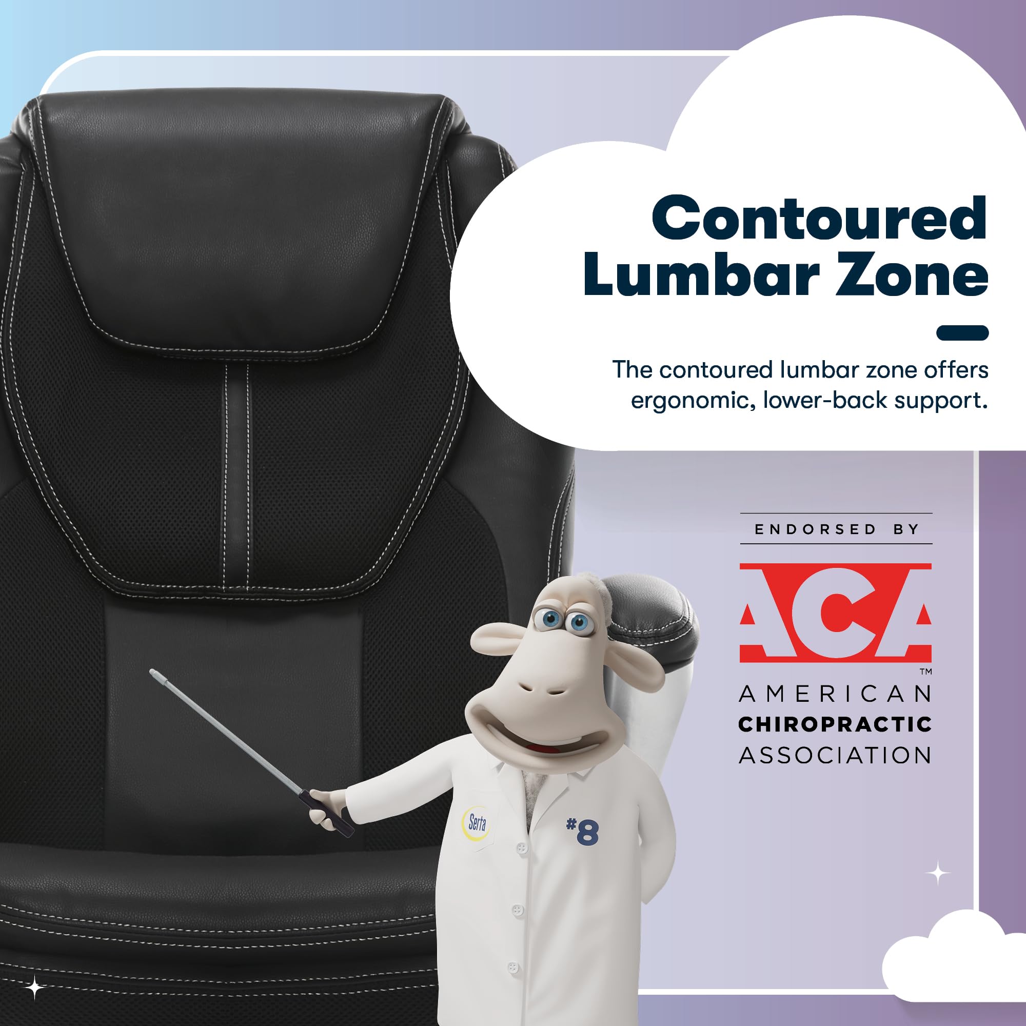 Serta Amplify Executive Office Padded Arms, Adjustable Ergonomic Gaming Desk Chair with Lumbar Support, Faux Leather and Mesh, Black