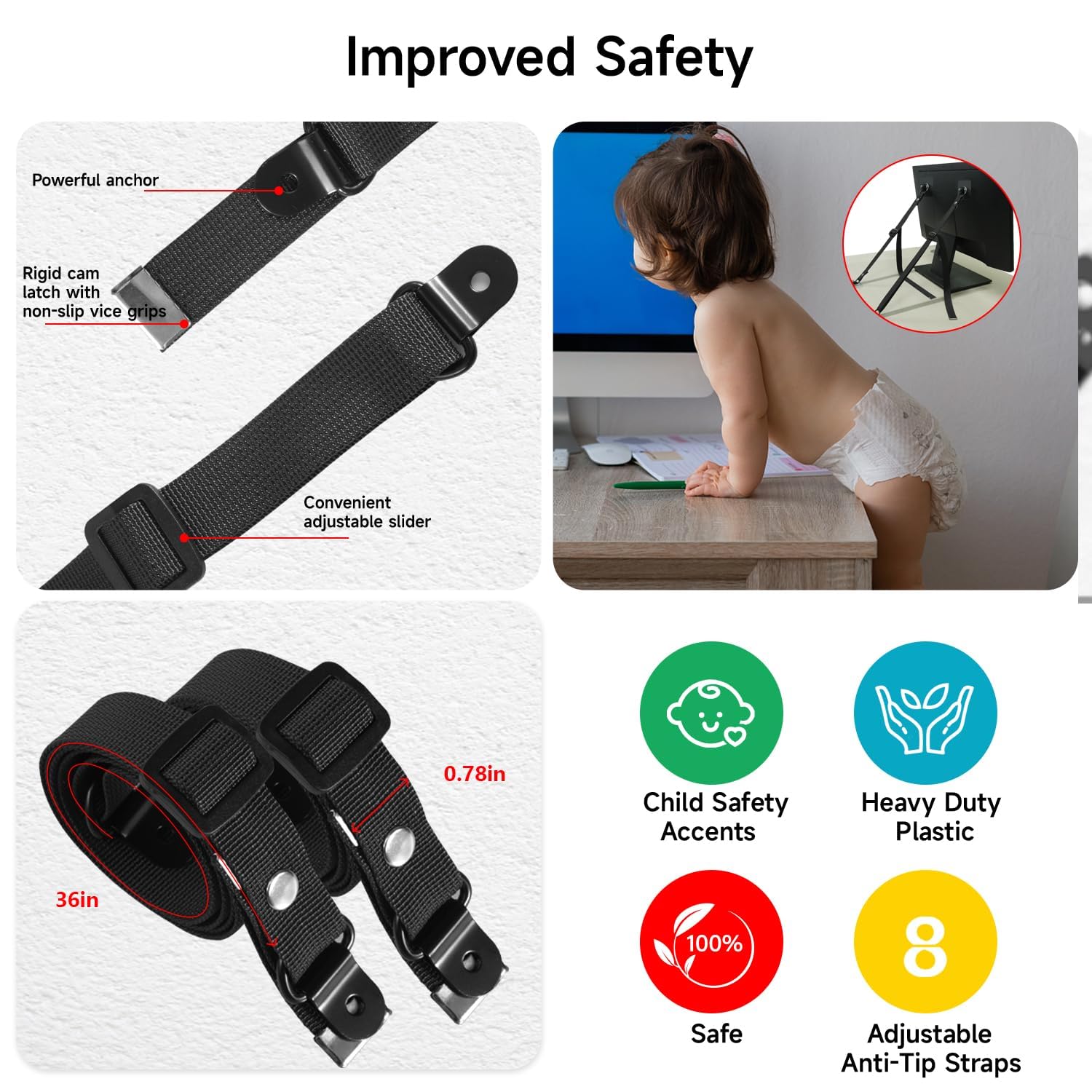TV Tilt Protection Cabinet Straps, TV Tilt Protection for Children Safety Straps 2 Pack Adjustable, Borehole Depth Adhesive Furniture Anchor for Baby Lock, Flat Screens on Wall, Cabinet, Stand or Desk