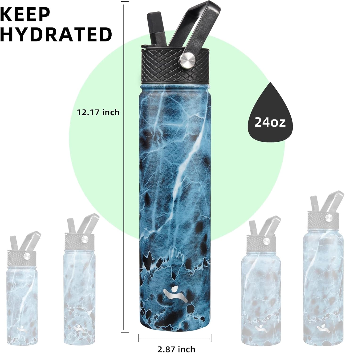 Insulated Water Bottle 24oz Stainless Steel Sport Bottles with 3 Lids,Marble Ocean - Image 5