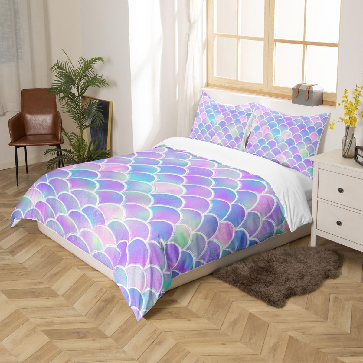 Feelyou Mermaid Fish Scales Duvet Cover Set Twin for Kids Girls Purple Green Fish Scales Bedding Set Lovely Soft Lightweight Microfiber Polyester Comforter Cover with 1 Pillow Shams, Zipper