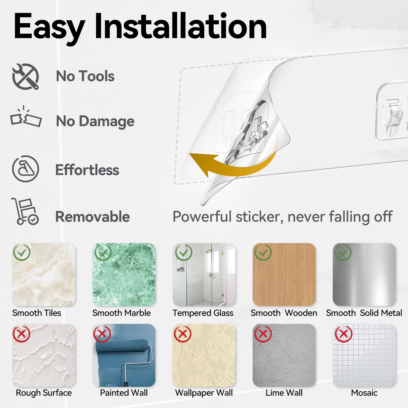 YASONIC Juego de estantes de ducha sin taladrar, 100% inoxidable (6 piezas) | Organizador de baño de gran capacidad, estantería de baño sin taladrar, drenaje rápido del agua, capacidad de carga