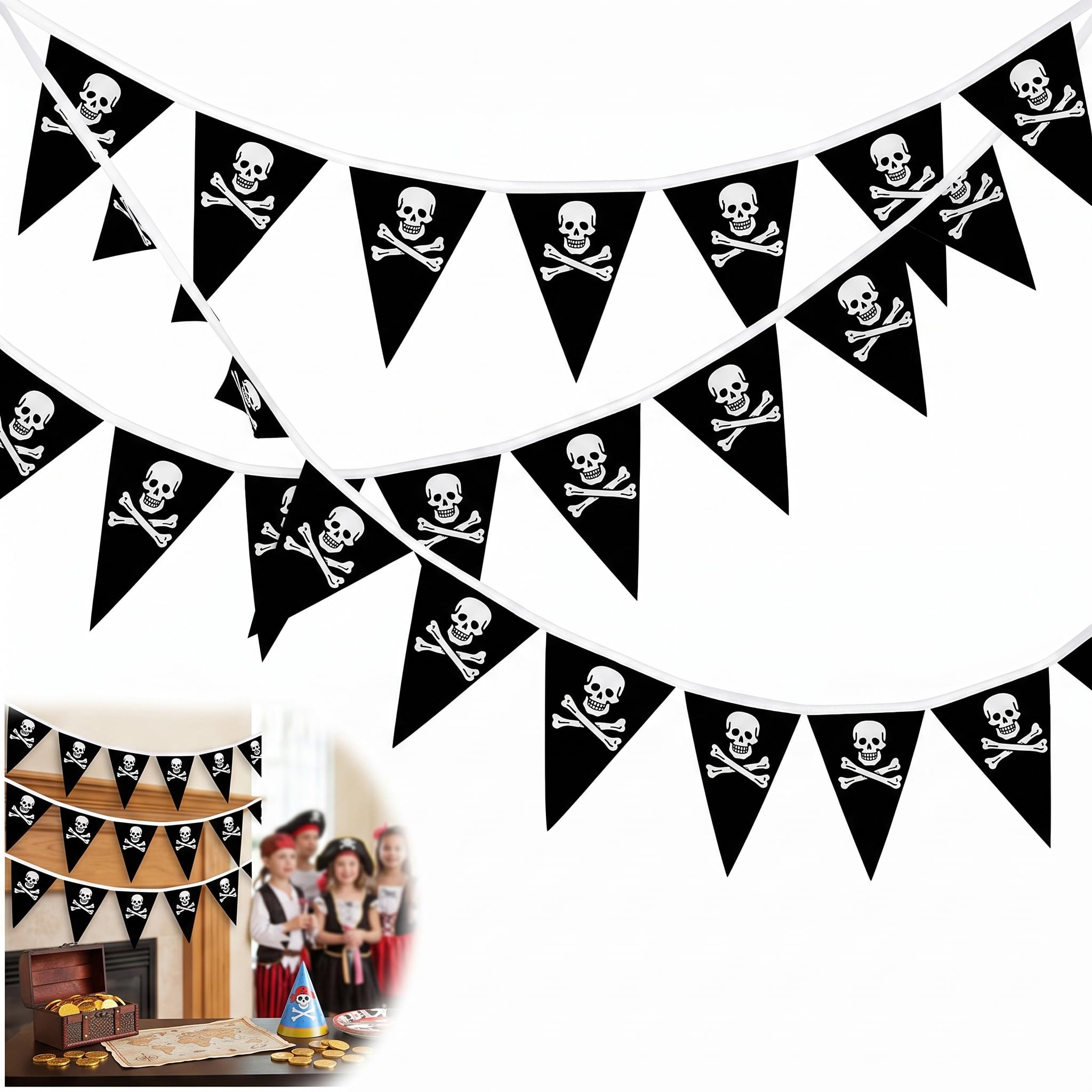 10M/31Ft Pirate Accessories Skull Crossbones Triangle Flags,Pirate Flag Bunting,Party Decorations Banner,for Pirates Skeleton Theme Party Decoration Photoprops Indoor Outdoor Decor UV Fade Resistant