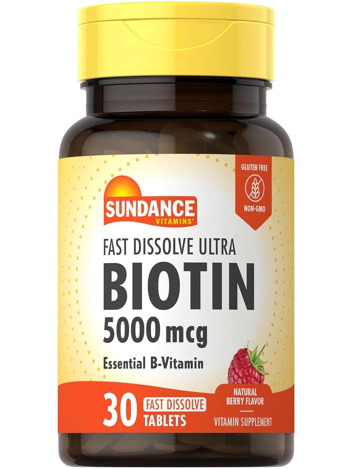 Sundance Fast Dissolve Biotin 5000mcg 30 Tablets Essential B-Vitamin Natural Berry Flavor Vegetarian Non-GMO and Gluten Free Supplement