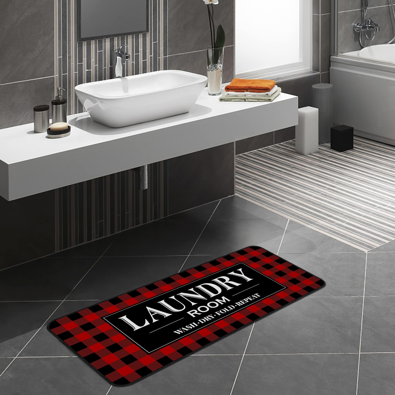 ROMAMIGO Alfombra antideslizante para cuarto de lavado, tapete de lavandería, tapete de cocina, tapete de baño, accesorios de decoración (20 x 47 pulgadas, cuadros rojos de búfalo)