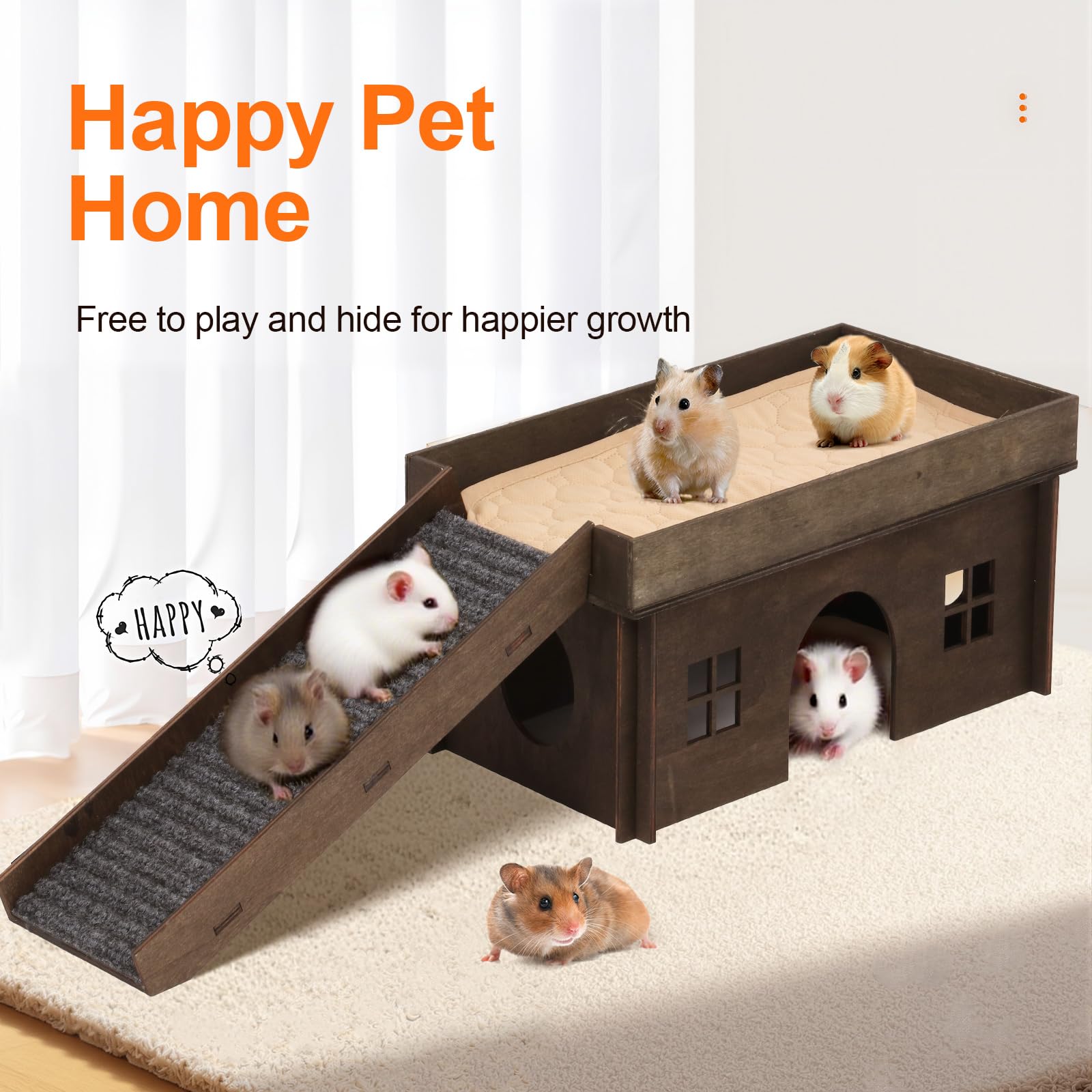 Großes Meerschweinchenversteck aus Holz mit Treppe, Hamsterhaus, Versteck für Kleintiere, Haustiere, geeignet für Chinchilla, Hamster und kleine Kaninchen, Hamsterhütte, Meerschweinchenversteck