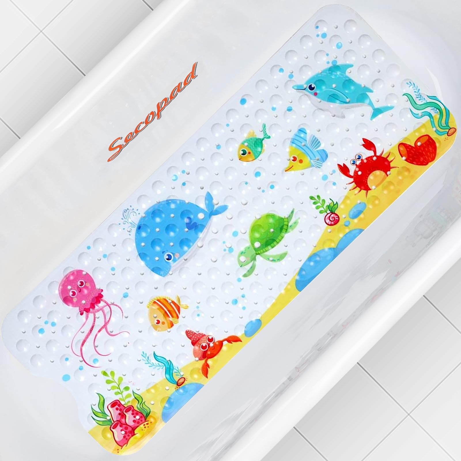 Secopad Kids Bath Mat for Tub Non Slip, 40 X 16 Inch Large Anti Slip Bathtub Mat for Toddlers Baby, Little Whale