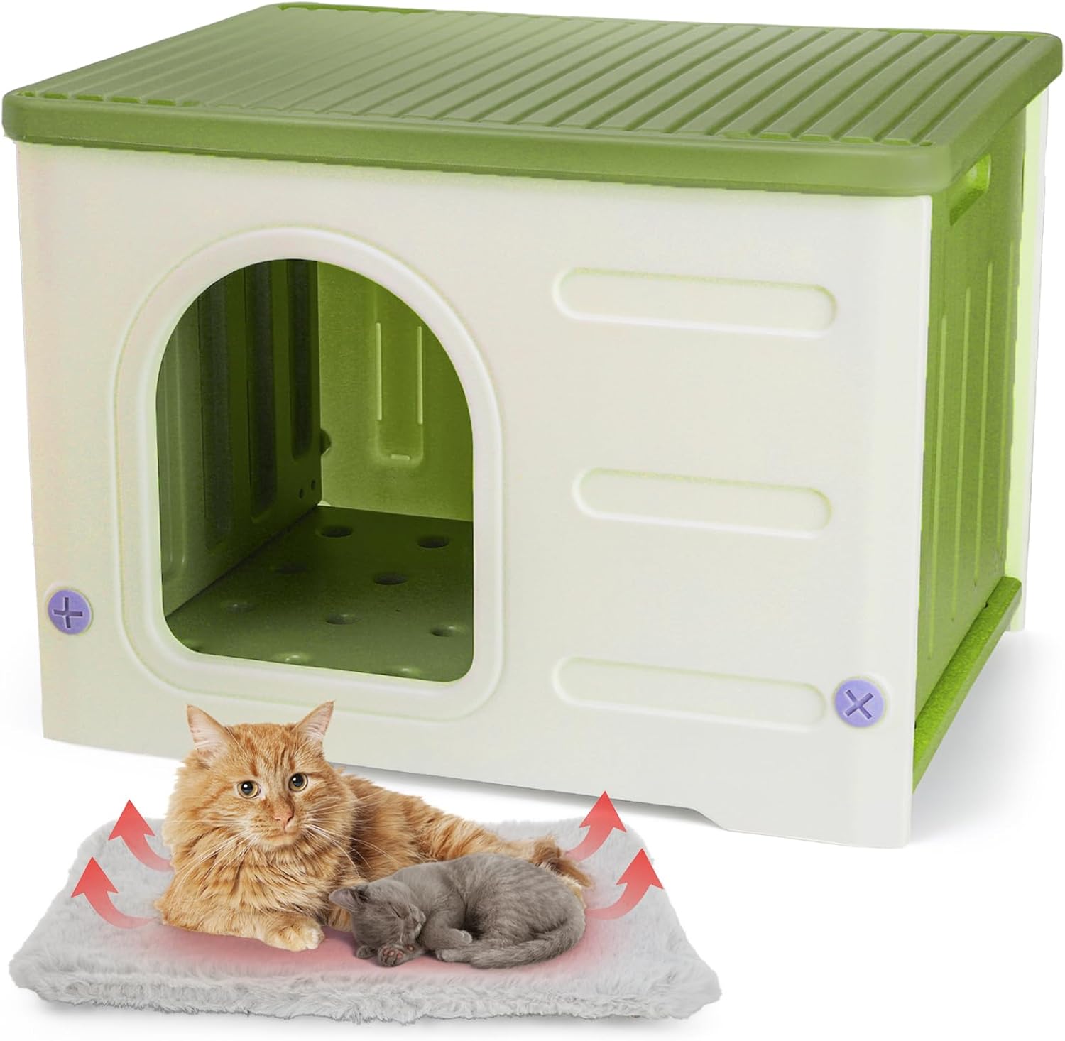 Plastic Cat House Indoor Outdoor, Waterproof Feral Cat Shelter with Mat, Escape Door, Sturdy Large Pet House for Cats, Puppy, Rabbit, Easy Assemble, Green