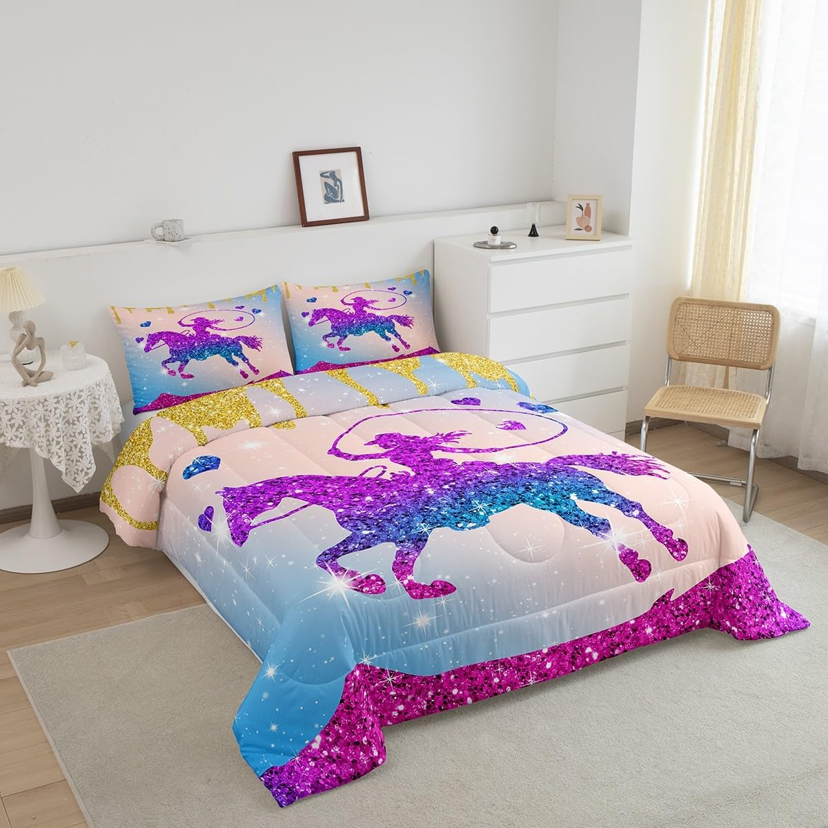 jejeloiu Kids Glitter Duvet Insert Toddler Size, Pastel Comforter Set Boys Girls Rainbow Bedding Set Teens Bedroom Decor Microfiber Bed Set