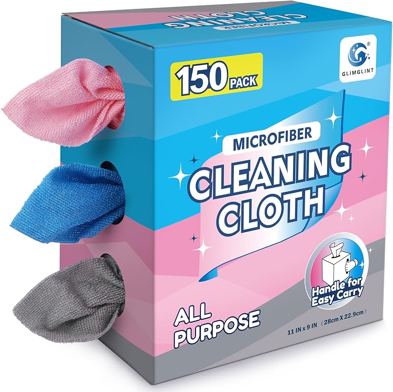 Microfiber Cleaning Cloth 150 Pack, Reusable Paper Towels 11 x 9 | Lint Free & Absorbent Cleaning Rags for Car, Home, Kitchen, Glass & Screen, Washable Shop Towel with Box, Pink/Blue/Grey