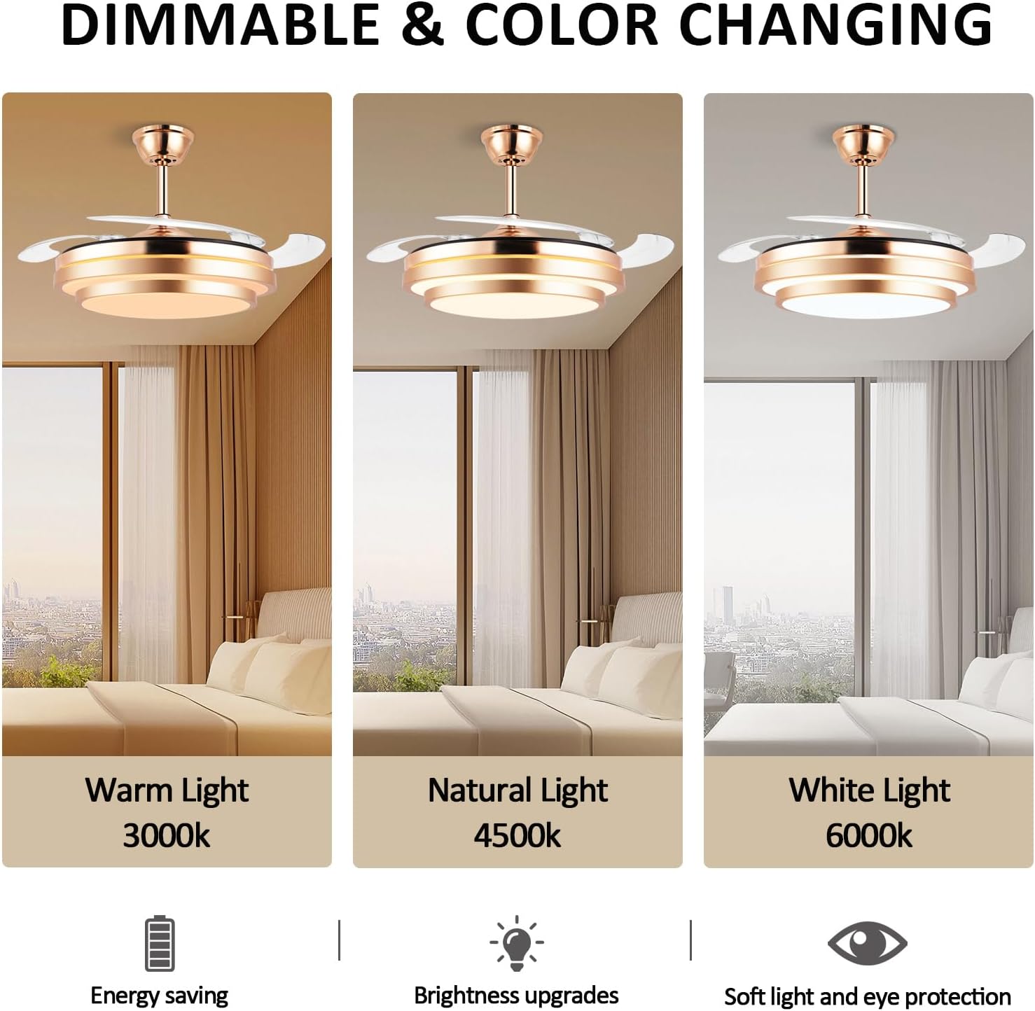 Gold Fandelier Ceiling Fan with Light Remote, 42 Inch Modern Chandelier Ceiling Fan with Invisible Blades, Retractable Blade Fan, Dimmable LED, 6 Speeds, Luxury Gold Flush Mount Fan