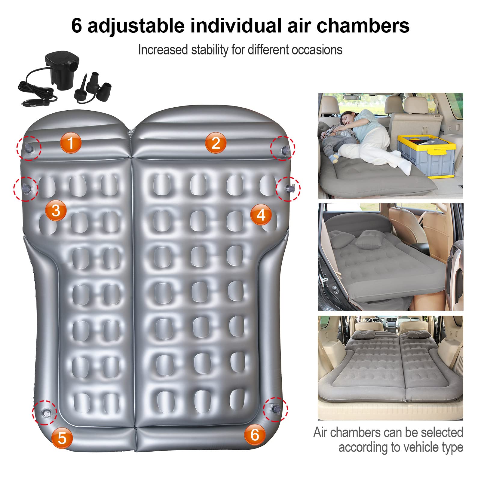 Materasso Auto, 175 * 130cm Materasso ad Aria SUV con Pompa ad Aria e 2 Cuscini, Materassino ad Aria Gonfiabile per Auto Ispessito Floccato per Viaggi, Campeggio (Grigio)