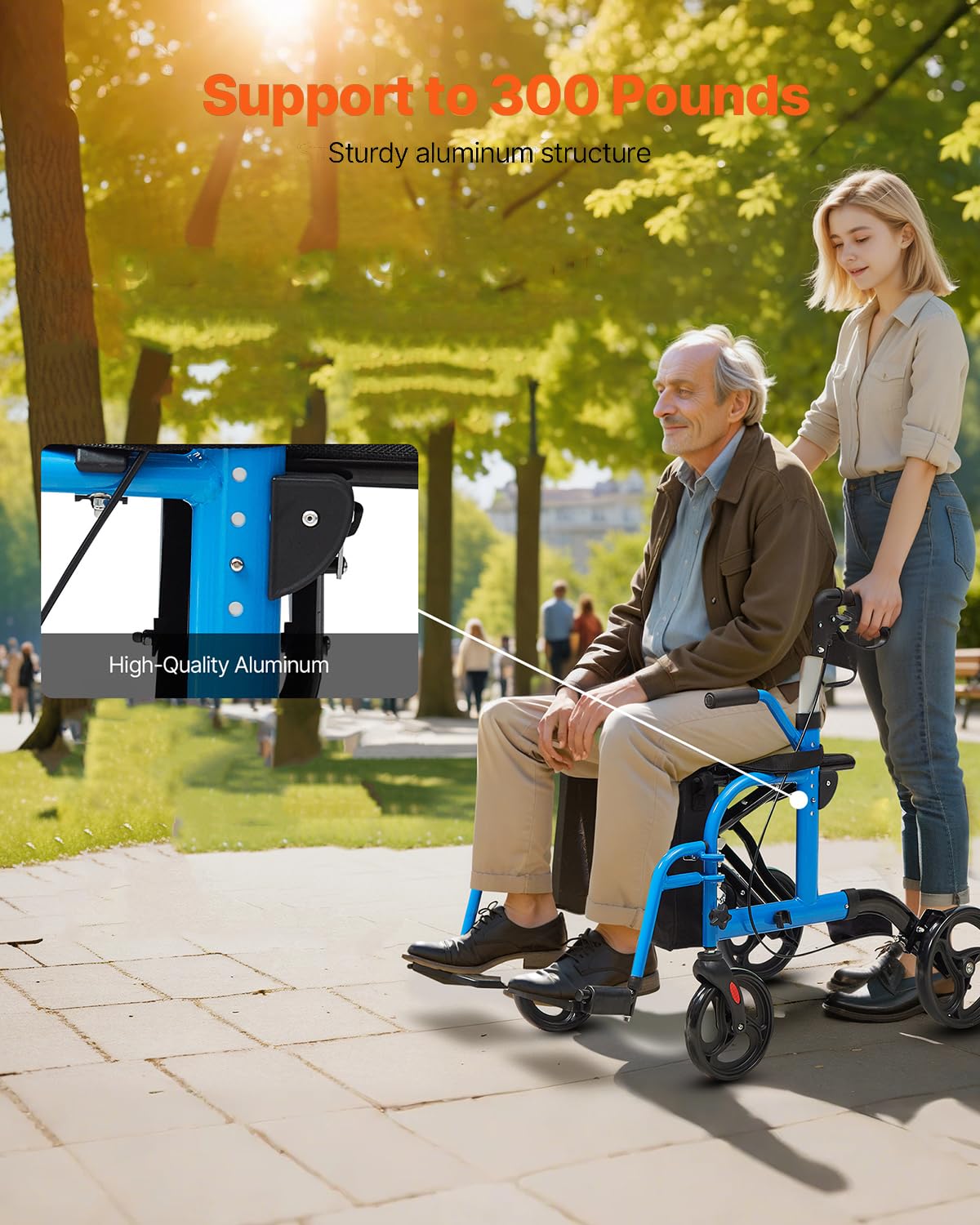 VEVOR Rollator Walker, 2-in-1 Rolling Walker Wheelchair Combo, 300LBS Capacity Folding Transport Chair, Lightweight Aluminum Mobility Rollator Wheelchair with Wheels & Adjustable Handle, Blue