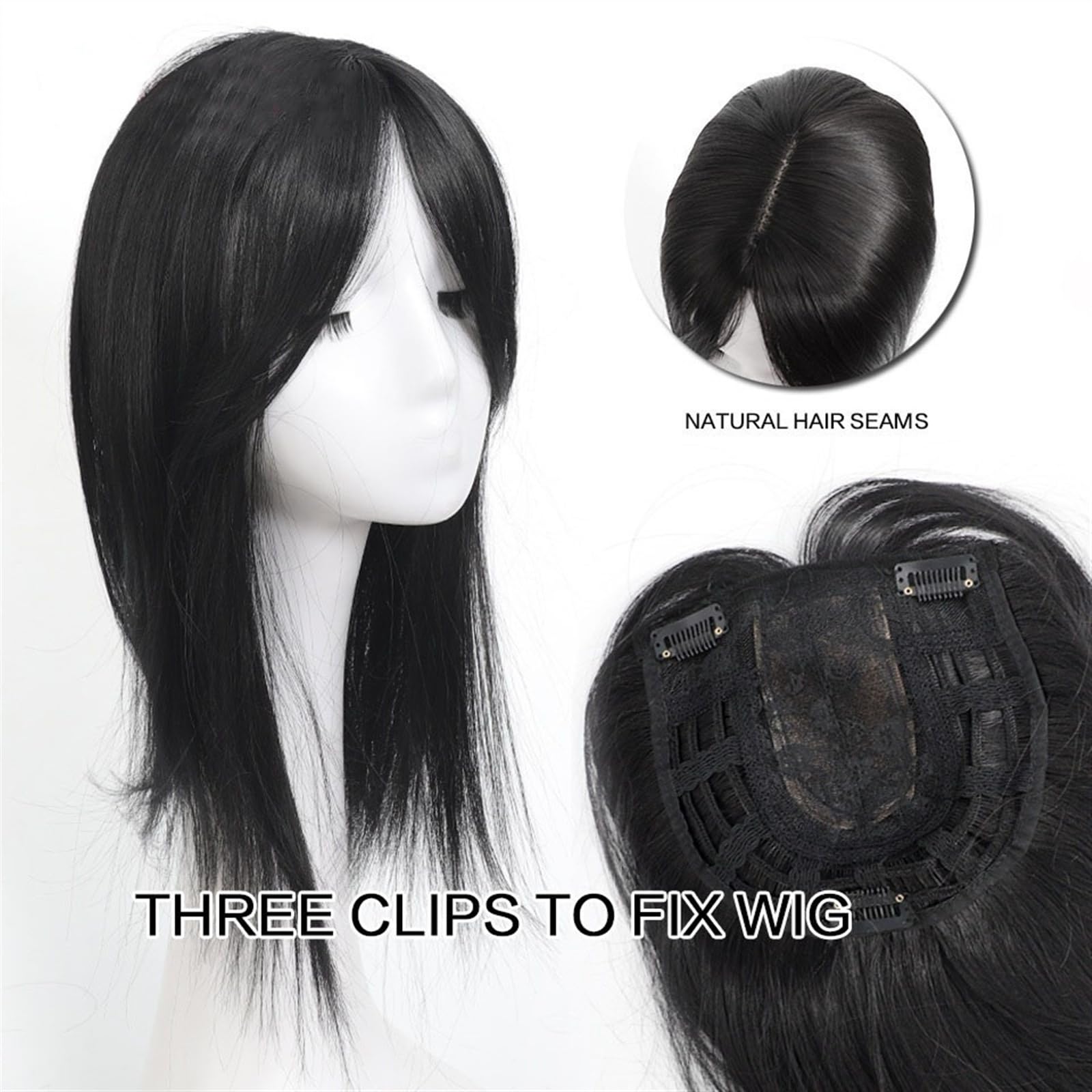 Flequillo Postizo de Pelo Natural y Sintético para Mujer - Adorno de Pelo Liso con 3 Clips - Hair Topper con Peluca Recta
