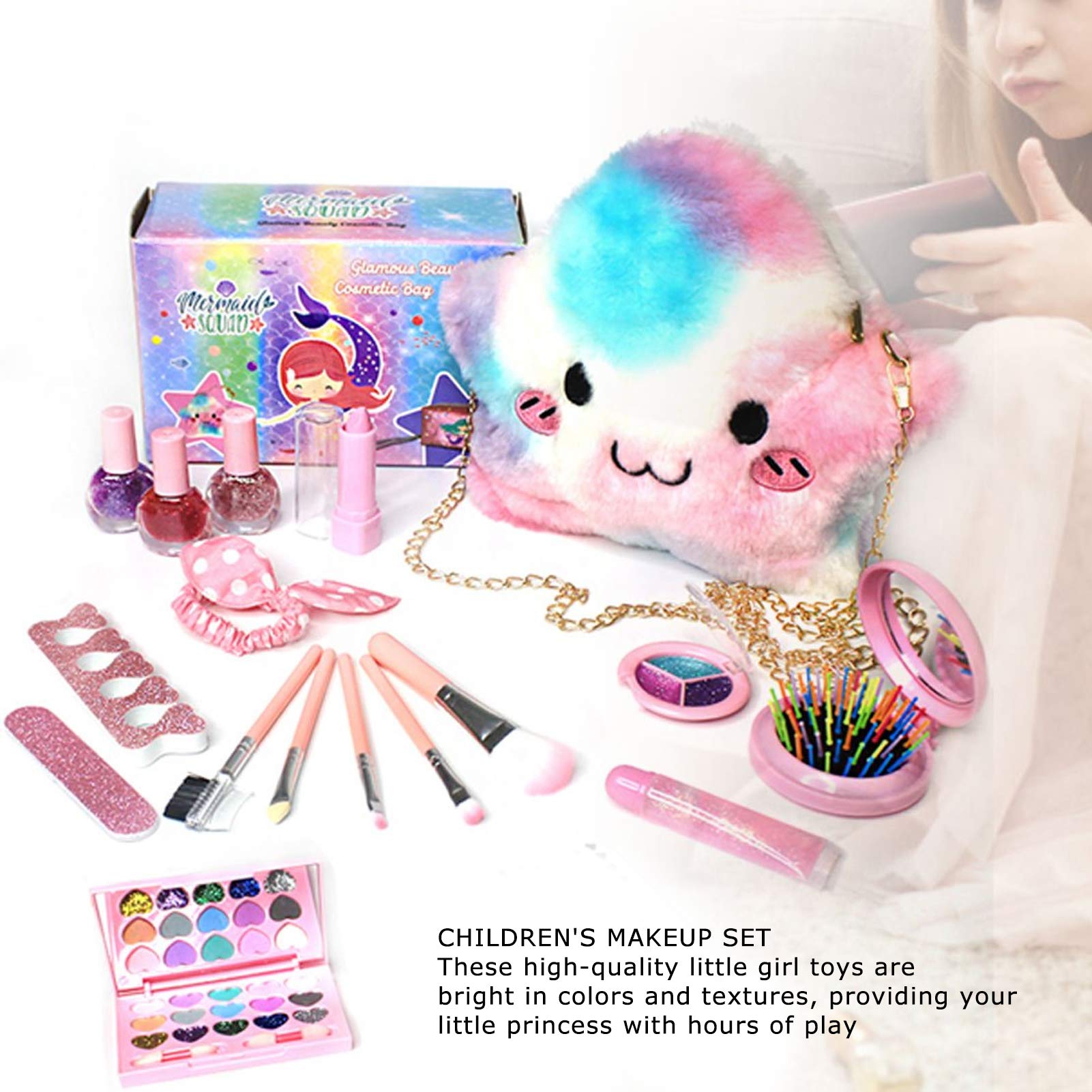 Set di trucco per bambini lavabile da 19 pezzi Pennello cosmetico Smalto per unghie Rossetto Fard Fai finta di giocare con il giocattolo