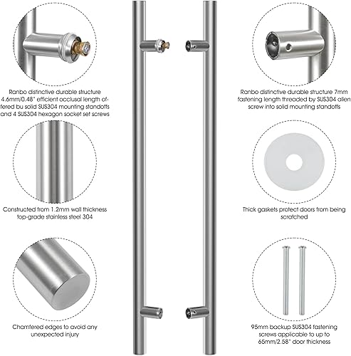 Miniatura 3 de Ranbo Manija de puerta de acero inoxidable 304 resistente de grado comercial de 12 pulgadas, tirador de puerta de granero, tirador de vidrio,