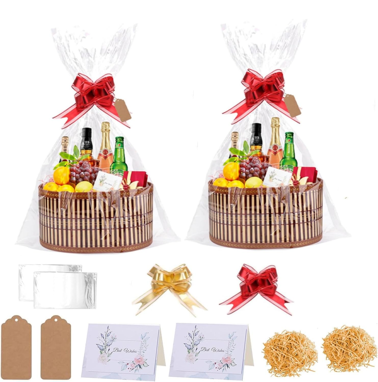 2Pack Empty Hamper Baskets, 30 x 20 x 15cm Woven Bamboo Basket Kit, Basket with 2*Gift Bags, 2*Ribbon, 2*Hang Tags, 2*Greeting Cards, 2 Packs Raffia, Gift Baskets for Birthday and Baby Shower (Brown)