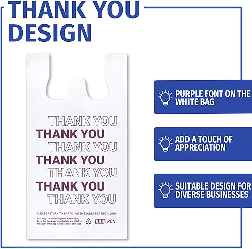 Miniatura 3 de Thank You - Bolsas de transporte para camisetas, bolsas de plástico desechables con asas para compras y restaurantes, 16 barril, 0.75 mils,