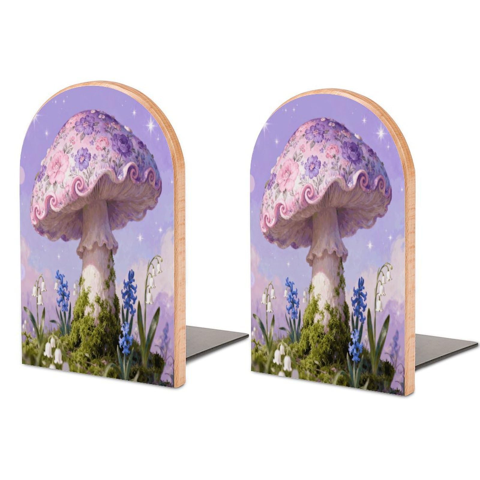 Mushroom Floral Book Ends Wood Non-Skid Bookend for Shelves Heavy Duty Bookends with Metal Base Decorative Books Stopper Desk Organizers Book Dividers for Office Home 1 Pair