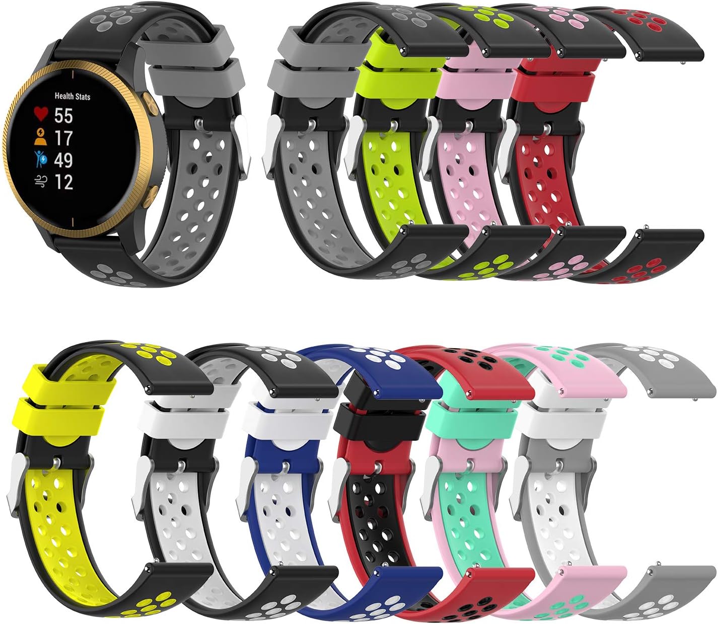 FitTurn Two-Color Breathable Hole Quick Release Bands 20mm for Garmin Approach S50 S40 S42 S12/Forerunner 570 42mm 55 45 45s 35 165 158 245 645 Music/265 Music/Venu 2 Plus/Sq Music/Galaxy Active 2 Release Soft Strap Wristband