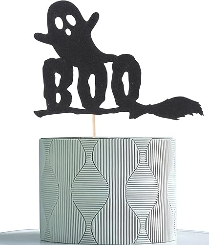 Decoración para pastel de Happy Boo Day Decoración negra para pastel de fantasma, decoración de fiesta de cumpleaños de Halloween con purpurina