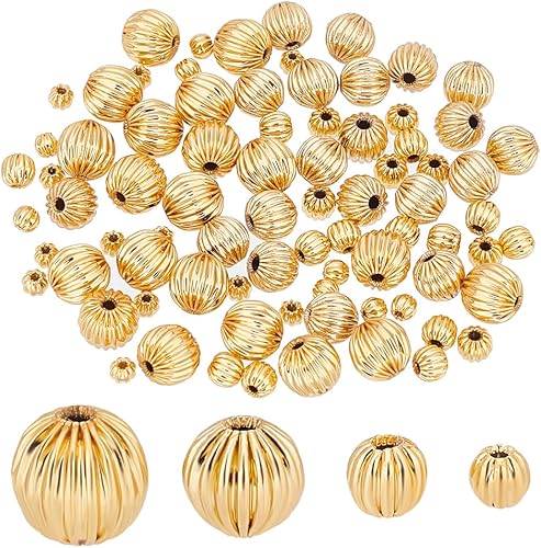 PH PandaHall 80 cuentas espaciadoras chapadas en oro de 18 quilates, cuentas redondas ranuradas de 4 tamaños, espaciadores de latón, cuentas sueltas