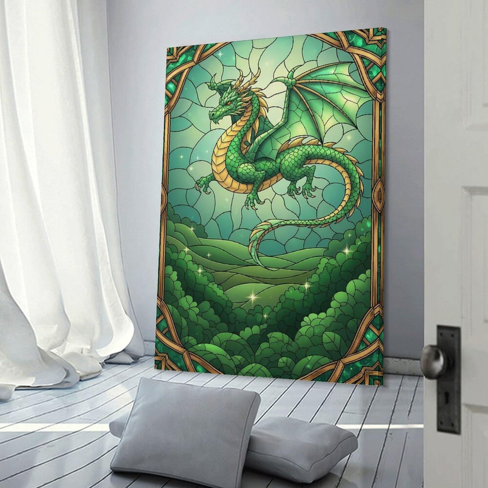 Junmoney Green Dragon Stained Glass Illustration Canvas Wall Decor, 12x18inch(30x45cm), for Gallery Wall Decor And Room Displays, Wall Decor Suited to Curated Displays