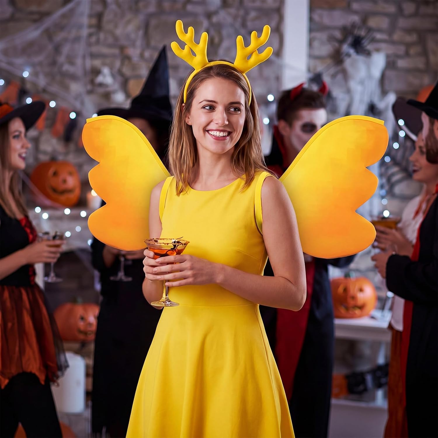 Yellow Deer Antler Headband Orange Fairy Wings Costume Set for Adults Woodland Elf Cosplay Accessories Halloween Cartoon Character Fancy Dress Party Photo Booth Props