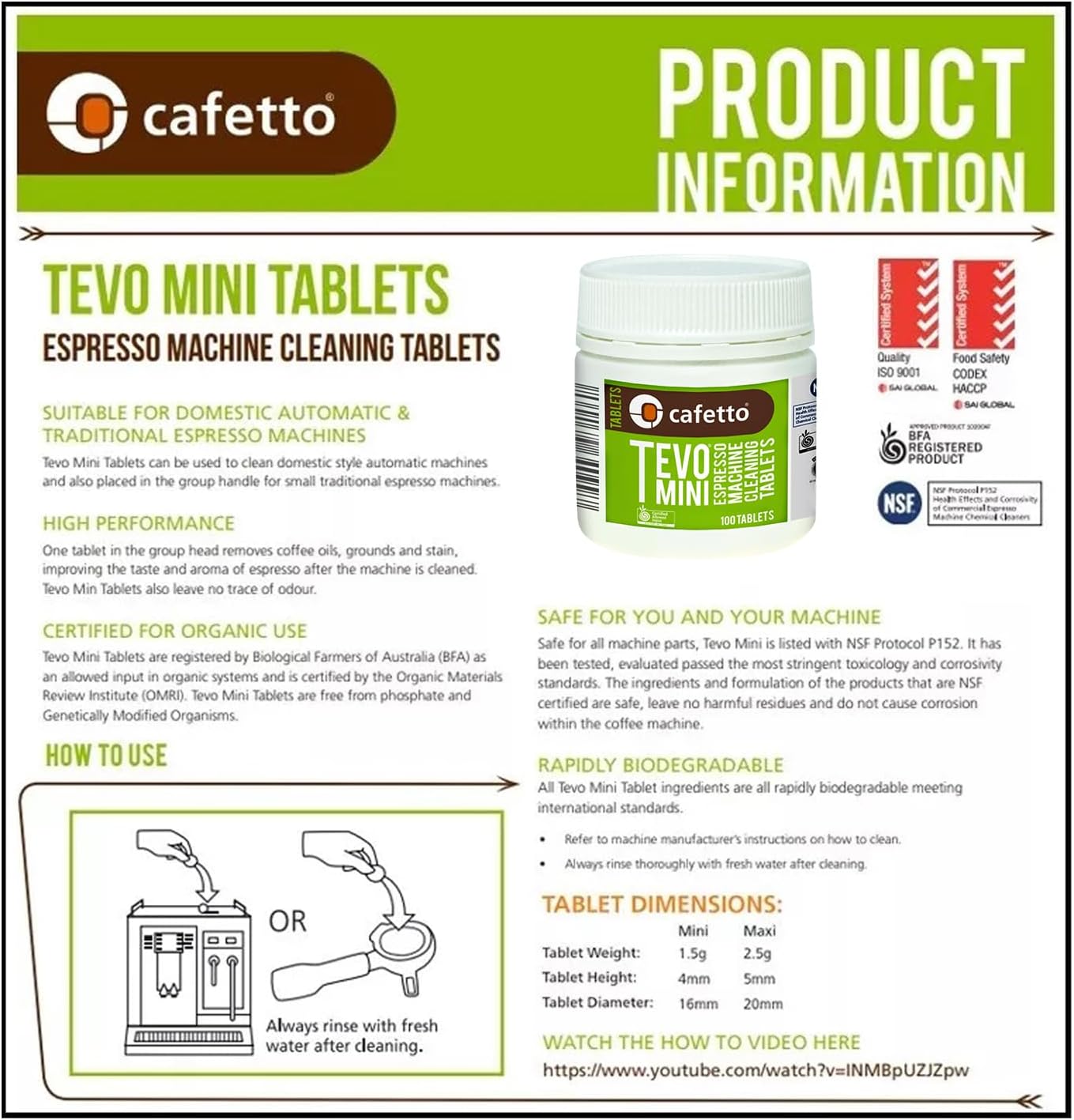 Cafetto Tevo Tablets Mini 1.5g 100 Tablets for manual and semi automatic espresso machines. Compatible with Breville, Sage, Gaggia, Rancilio, Rocket, ECM, Profitec, Lelit.