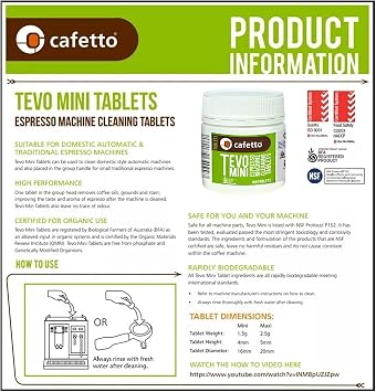 Cafetto Tevo Tablets Mini 1.5g 100 Tablets for manual and semi automatic espresso machines. Compatible with Breville, Sage, Gaggia, Rancilio, Rocket, ECM, Profitec, Lelit.