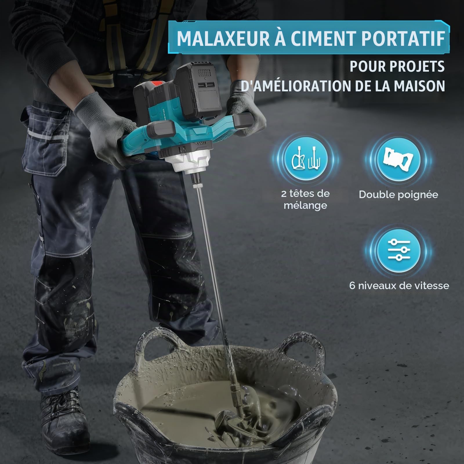 Malaxeur Mortier Colle 3100W, Malaxeur Beton ompatible avec une batterie 18-21V (sans batterie), Melangeur Beton Avec 6 Vitesses, Betonniere Électrique pour la peinture,le mortier,le Ciment