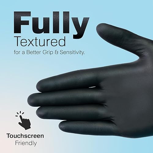 Miniatura 4 de Raxwell Guantes desechables de nitrilo negro  Guantes de nitrilo resistentes de 5.5 mil  Totalmente texturizados, sin látex y polvo, seguros para