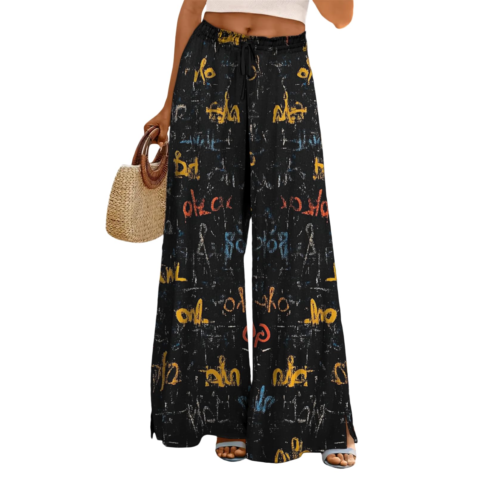 MARSVOVO Pants for Women Trendy Wide Leg Summer Loose Drawstring Ankle Elastic High Waisted Comfort Breathable Trousers