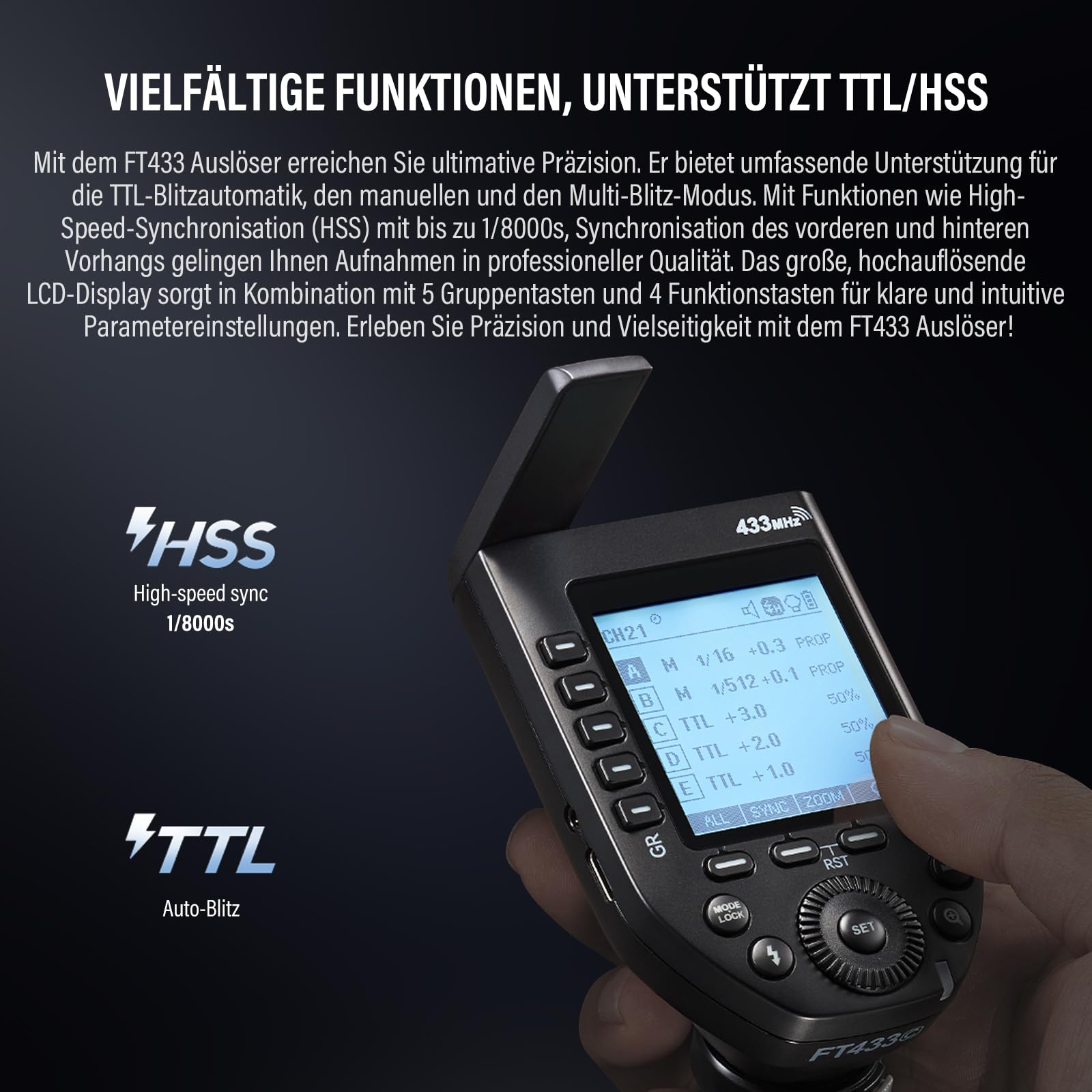Disparador de Flash TTL Godox FT433-S para cámaras Sony, transmisor de Flash 2en1 de 433 MHz con Receptor, 1/8000 s HSS Disparador de Flash Godox FT433 para AD200ProII AD600ProII AD600BMII (FT433-S)