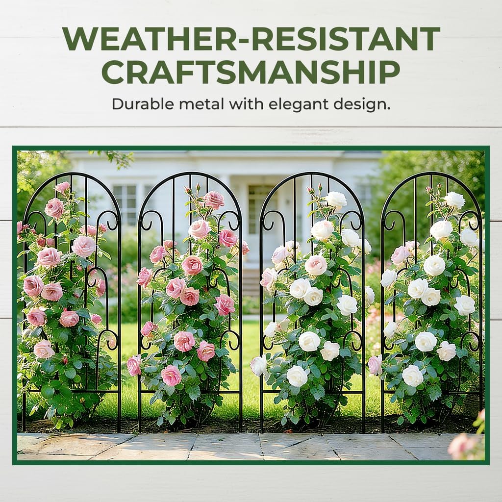 4 Pack Arched Metal Garden Trellis for Climbing Plants 45" H x 15.9" W – Rustproof Iron Trellis with Decorative Scrollwork, Metal Trellised Wire Lattices Grid Panels for Roses, Clematis, Vines